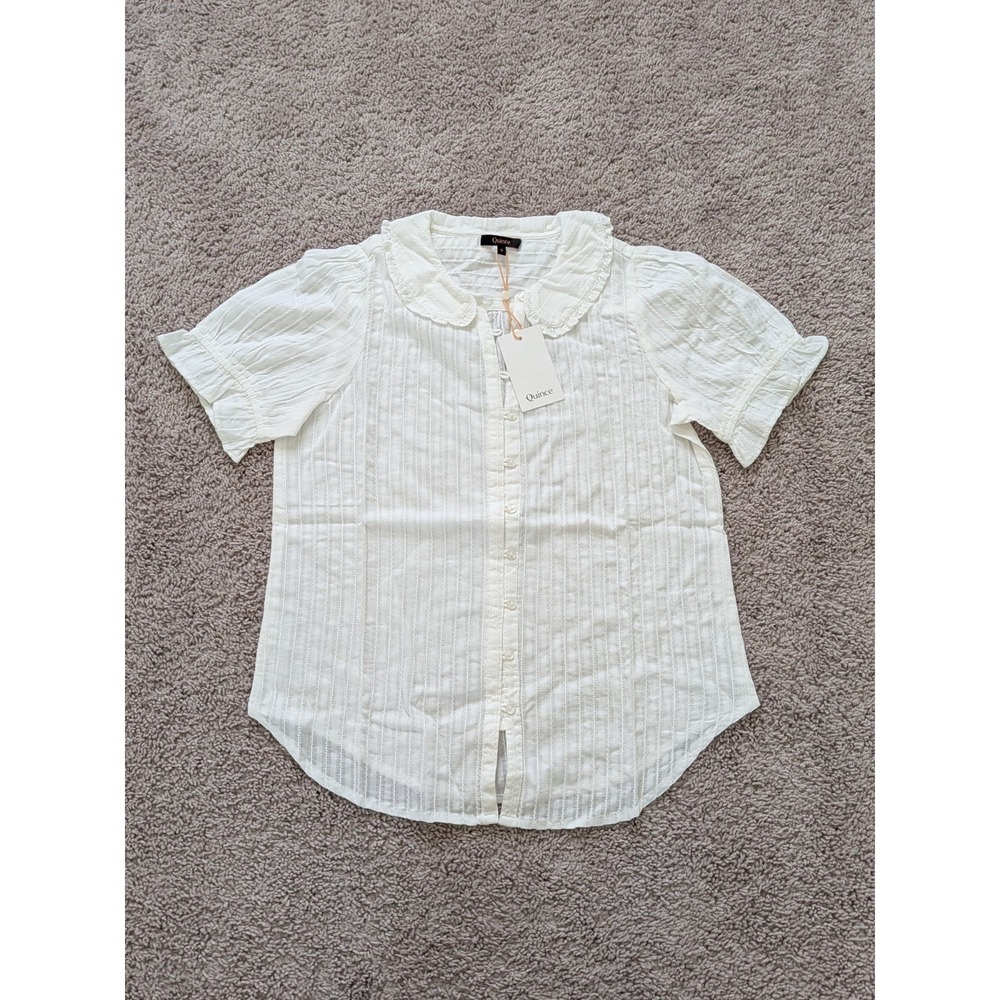 Quince Embroidered Cotton Ruffle Collar Short Sleeve Blouse White Size Small NWT